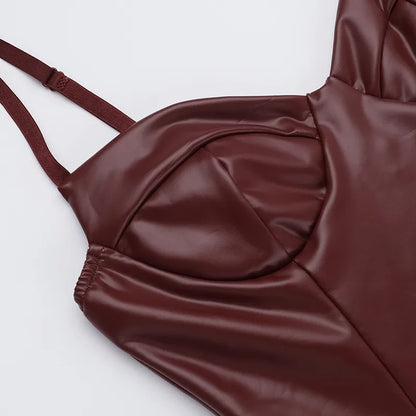Women's Sexy Burgundy Faux Leather Bodycon Dress – Spaghetti Strap Sleeveless Cocktail Party Midi Outfit (Code: ZX#227)