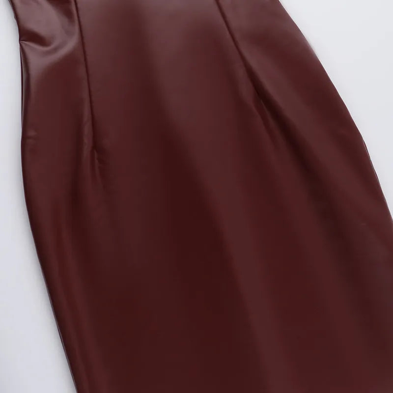 Women's Sexy Burgundy Faux Leather Bodycon Dress – Spaghetti Strap Sleeveless Cocktail Party Midi Outfit (Code: ZX#227)
