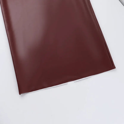 Women's Sexy Burgundy Faux Leather Bodycon Dress – Spaghetti Strap Sleeveless Cocktail Party Midi Outfit (Code: ZX#227)