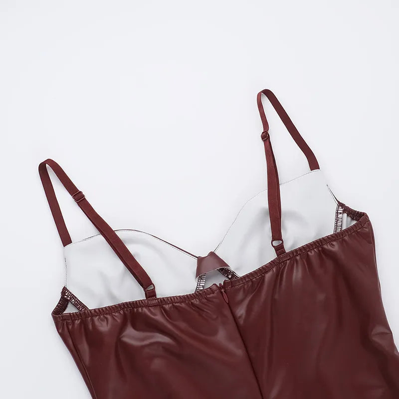 Women's Sexy Burgundy Faux Leather Bodycon Dress – Spaghetti Strap Sleeveless Cocktail Party Midi Outfit (Code: ZX#227)