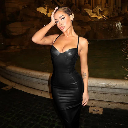 Women's Sexy Burgundy Faux Leather Bodycon Dress – Spaghetti Strap Sleeveless Cocktail Party Midi Outfit (Code: ZX#227)