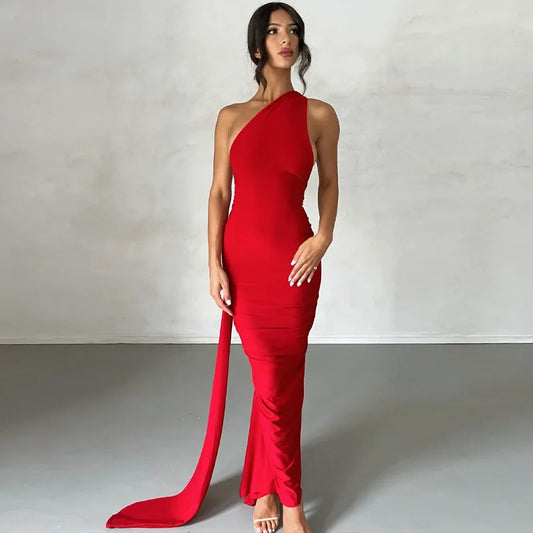 Women's Elegant Black Halter Neck Backless Evening Gown – Sleeveless Bodycon Maxi Dress with Train