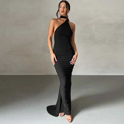 Women's Elegant Black Halter Neck Backless Evening Gown – Sleeveless Bodycon Maxi Dress with Train