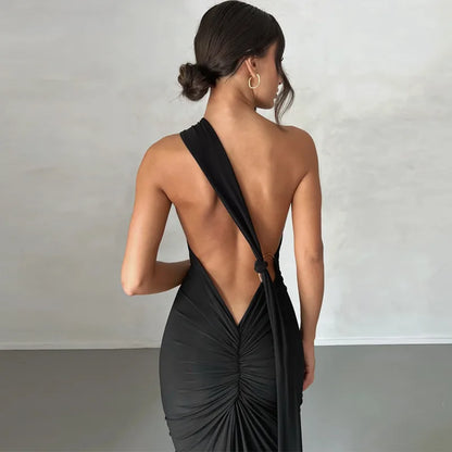 Women's Elegant Black Halter Neck Backless Evening Gown – Sleeveless Bodycon Maxi Dress with Train