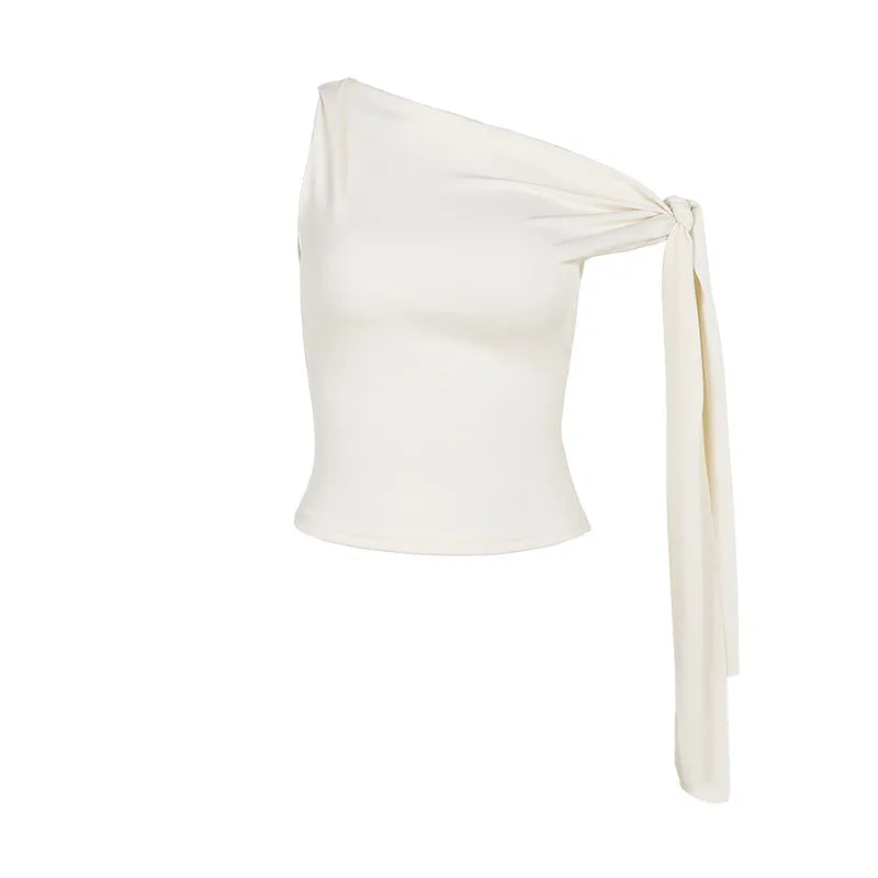 Women's Sexy One-Shoulder Tie Sleeve Solid Color Slim Fit Streetwear Top(Code: ZX#317)