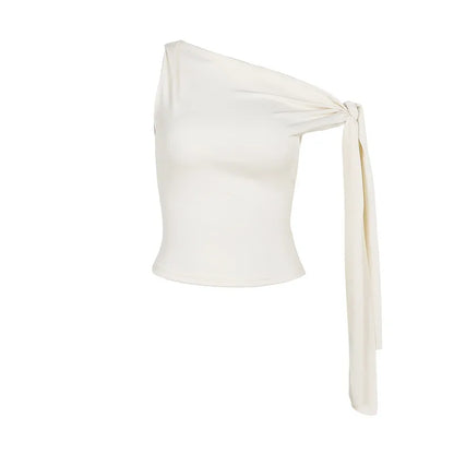 Women's Sexy One-Shoulder Tie Sleeve Solid Color Slim Fit Streetwear Top(Code: ZX#317)