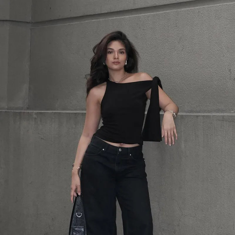 Women's Sexy One-Shoulder Tie Sleeve Solid Color Slim Fit Streetwear Top(Code: ZX#317)