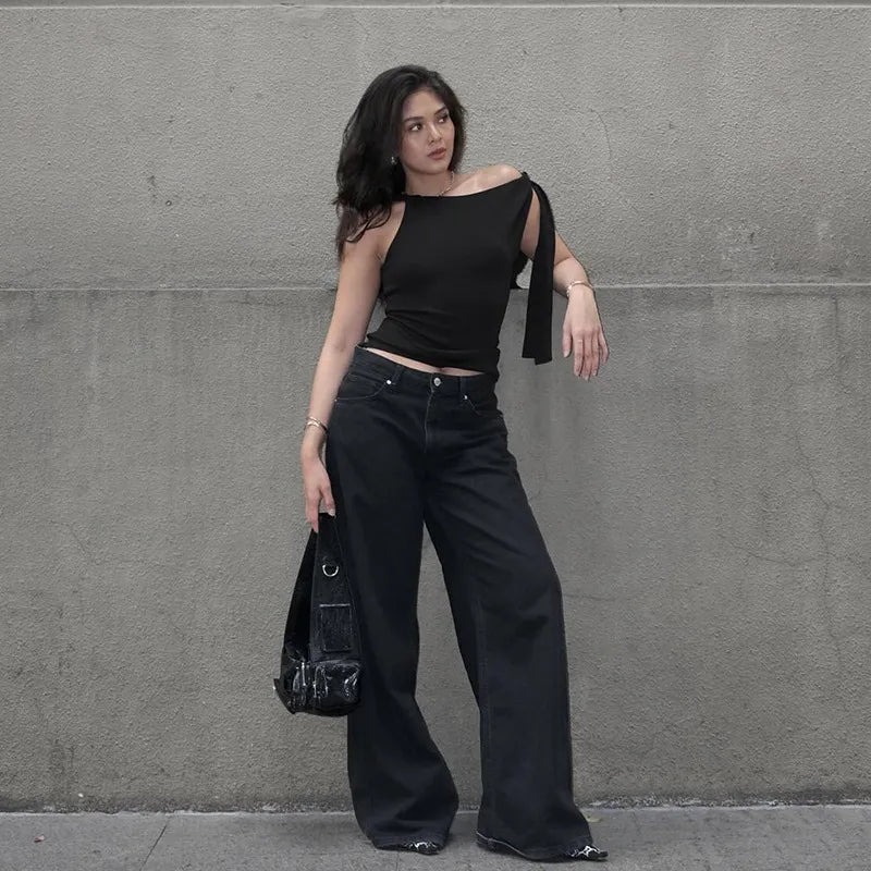 Women's Sexy One-Shoulder Tie Sleeve Solid Color Slim Fit Streetwear Top(Code: ZX#317)