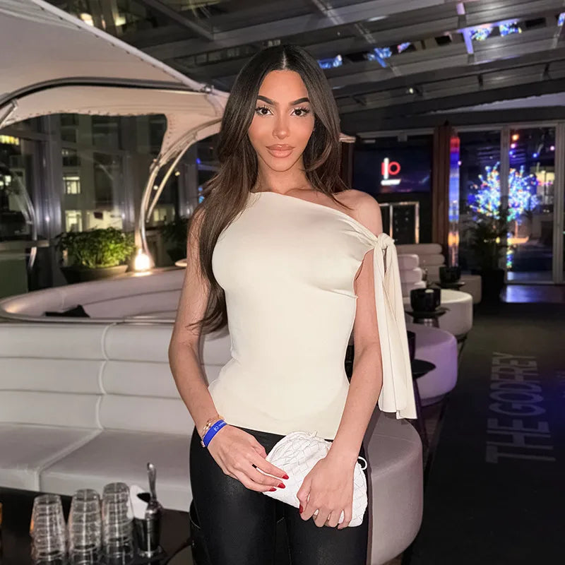 Women's Sexy One-Shoulder Tie Sleeve Solid Color Slim Fit Streetwear Top(Code: ZX#317)