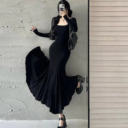 Women's Elegant Wine Red Bodycon Maxi Dress – Square Neck Long Sleeve Slim Fit Evening Gown