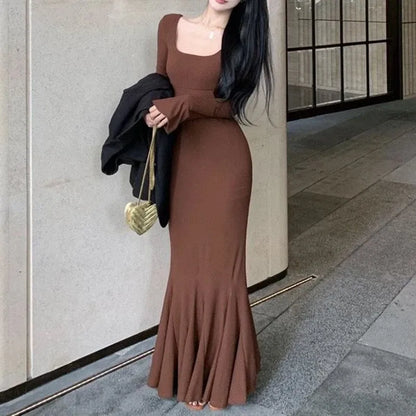 Women's Elegant Wine Red Bodycon Maxi Dress – Square Neck Long Sleeve Slim Fit Evening Gown