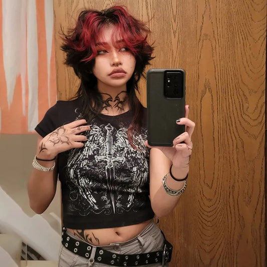 Women's Gothic Punk Skeleton Sword Print Crop Top – Dark Streetwear Short Sleeve T-Shirt