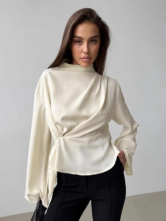 Women’s Elegant Satin Blouse – Solid Color Asymmetric Long Sleeve Fashion Top