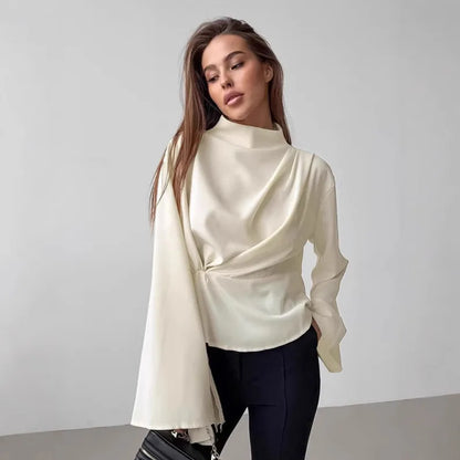 Women’s Elegant Satin Blouse – Solid Color Asymmetric Long Sleeve Fashion Top