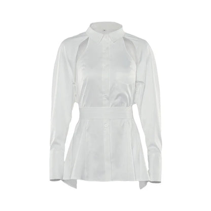 Women’s Chic Cut-Out Blouse – Solid White Long Sleeve Button Down Fashion Top