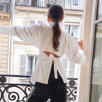 Women’s Chic Cut-Out Blouse – Solid White Long Sleeve Button Down Fashion Top