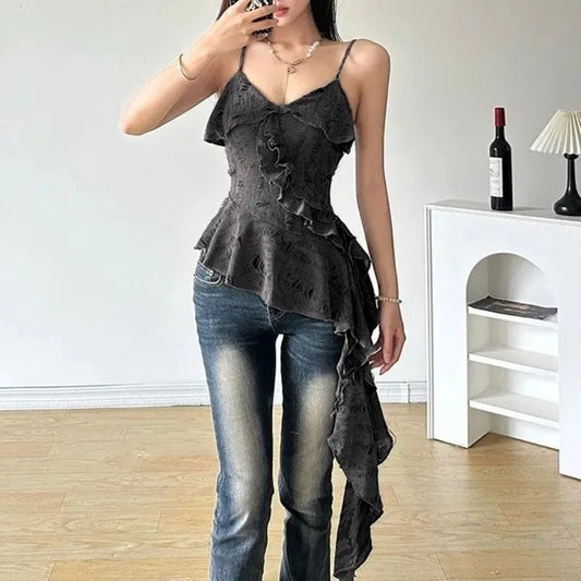 Women's Y2K Gothic Ruffle Camisole – Asymmetric Hem Solid Color Sleeveless Top