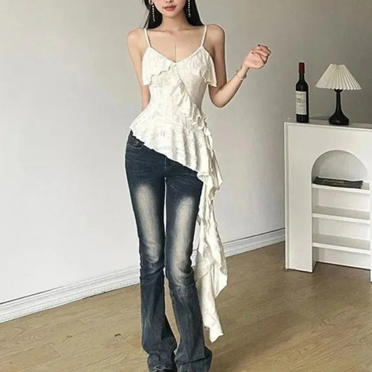 Women's Y2K Gothic Ruffle Camisole – Asymmetric Hem Solid Color Sleeveless Top