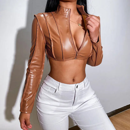 Caramel Leather Zip Crop Jacket (Code-ZX#380)