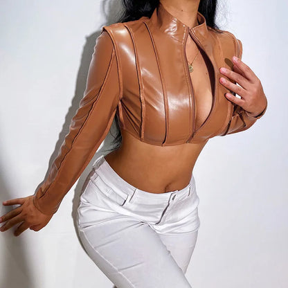 Caramel Leather Zip Crop Jacket (Code-ZX#380)