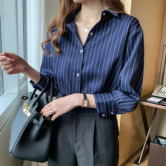 Women’s Chiffon Striped Shirt – Lightweight Vertical Stripe 3/4 Sleeve Spring Fashion Top