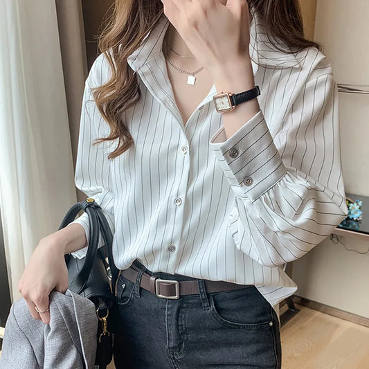 Women’s Chiffon Striped Shirt – Lightweight Vertical Stripe 3/4 Sleeve Spring Fashion Top