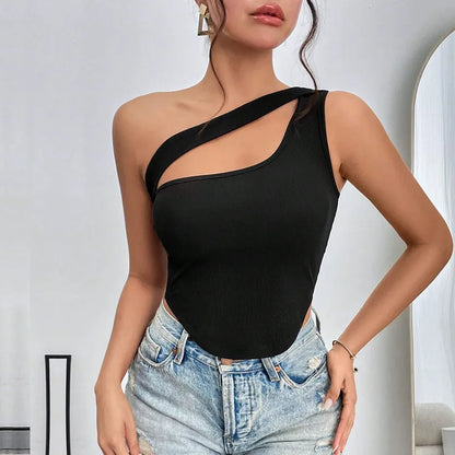 Women's Slim-Fit Hollow Vest – Ultra-Short Irregular Hem Shoulder-Wrap Top