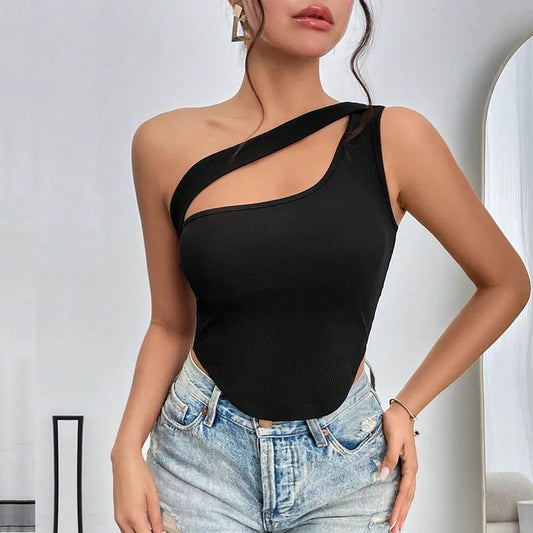 Women's Slim-Fit Hollow Vest – Ultra-Short Irregular Hem Shoulder-Wrap Top
