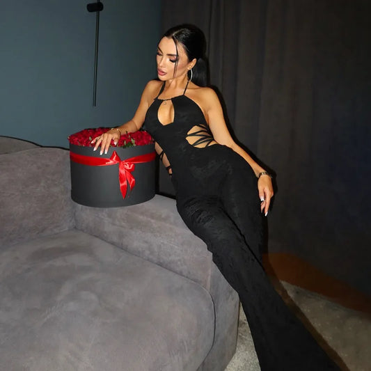 Women's Sexy Black Halter Neck Cut-Out Jumpsuit – Sleeveless Bodycon Streetwear Party Outfit
