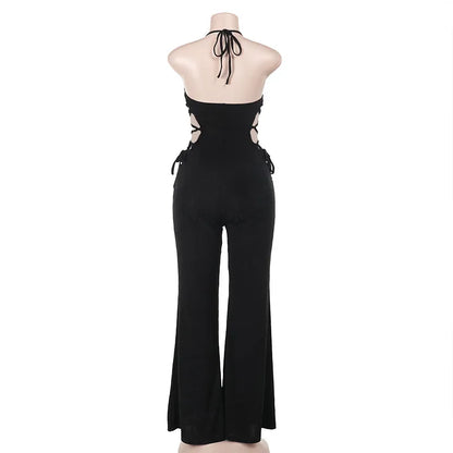 Women's Sexy Black Halter Neck Cut-Out Jumpsuit – Sleeveless Bodycon Streetwear Party Outfit (Code: ZX#228)