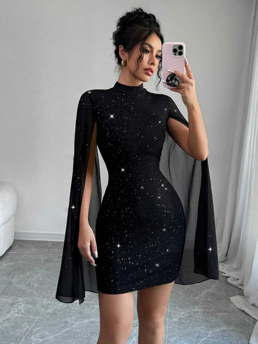Women's Sparkling Starry Night Black Bodycon Cape Sleeve Mini Dress – Elegant Party Outfit