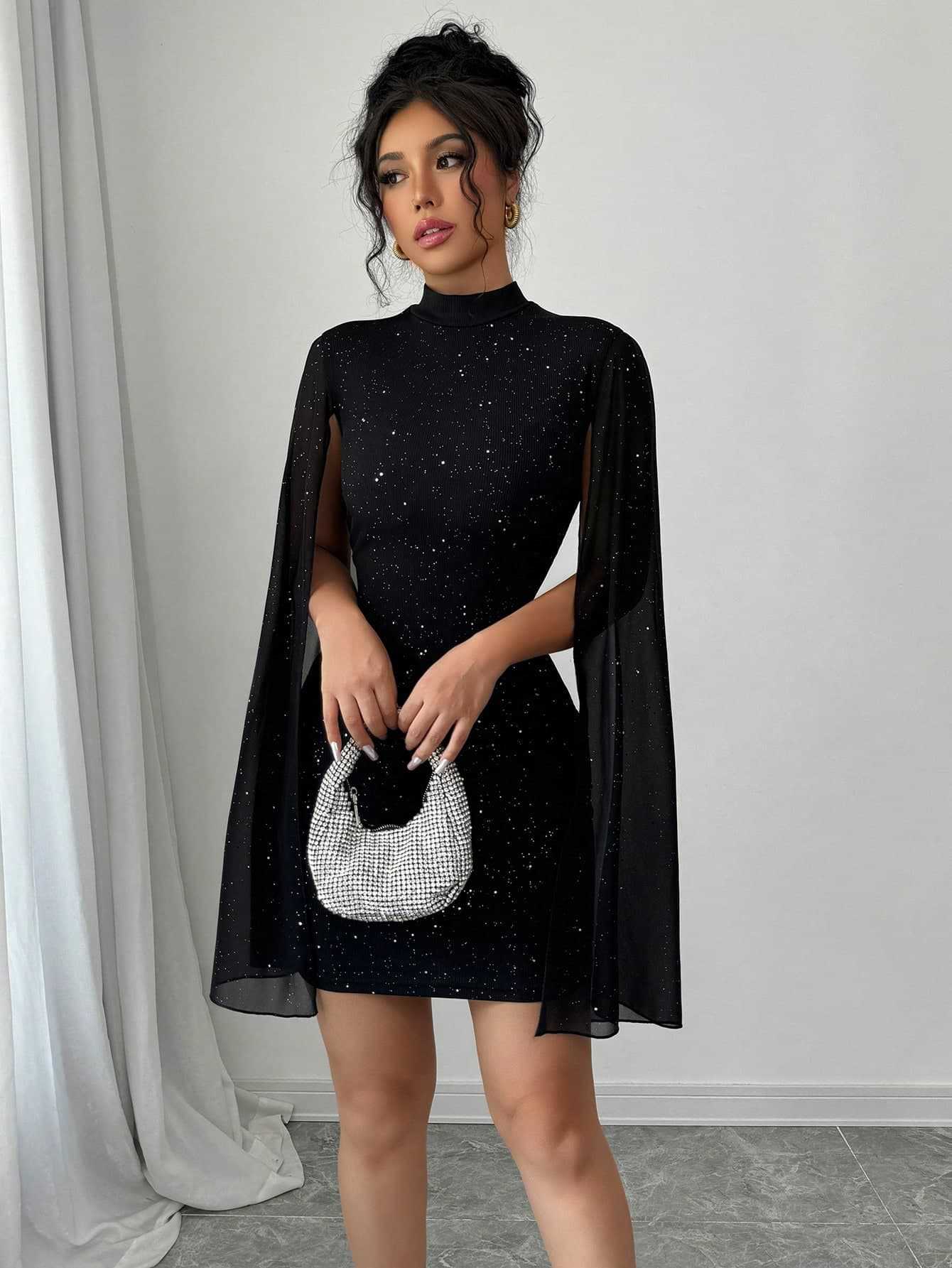 Women's Sparkling Starry Night Black Bodycon Cape Sleeve Mini Dress – Elegant Party Outfit (Code: ZX#233)