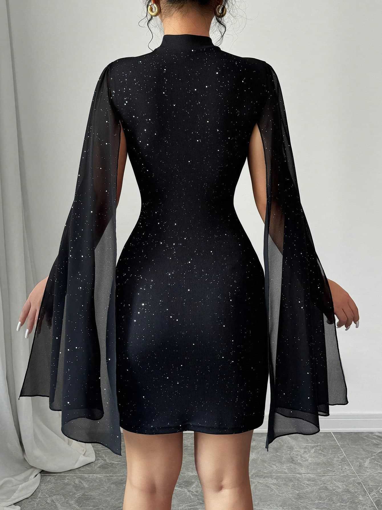 Women's Sparkling Starry Night Black Bodycon Cape Sleeve Mini Dress – Elegant Party Outfit (Code: ZX#233)