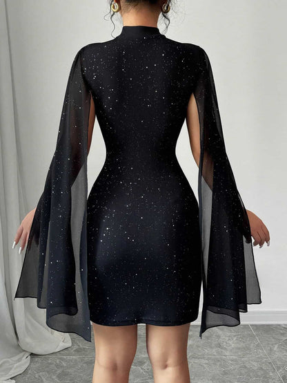 Women's Sparkling Starry Night Black Bodycon Cape Sleeve Mini Dress – Elegant Party Outfit (Code: ZX#233)