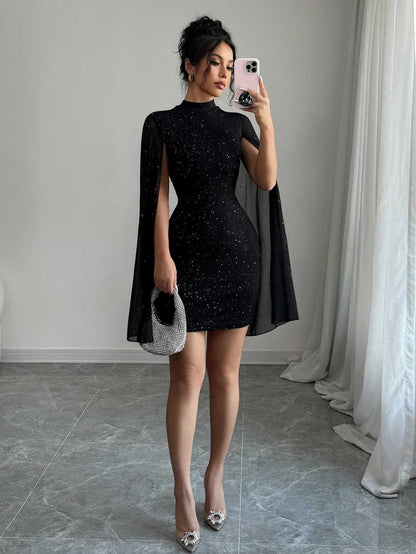 Women's Sparkling Starry Night Black Bodycon Cape Sleeve Mini Dress – Elegant Party Outfit (Code: ZX#233)