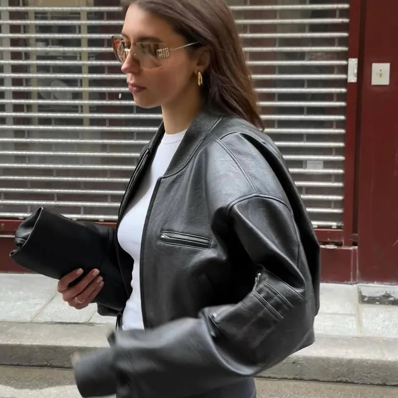 Streetwear Black Faux Leather Bomber (Code-ZX#384)
