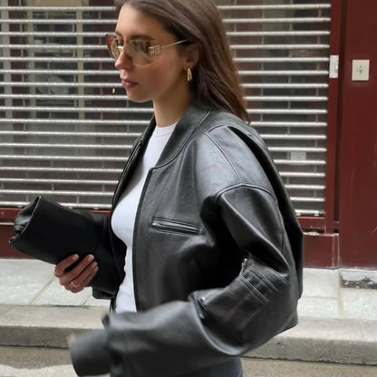 Streetwear Black Faux Leather Bomber (Code-ZX#384)