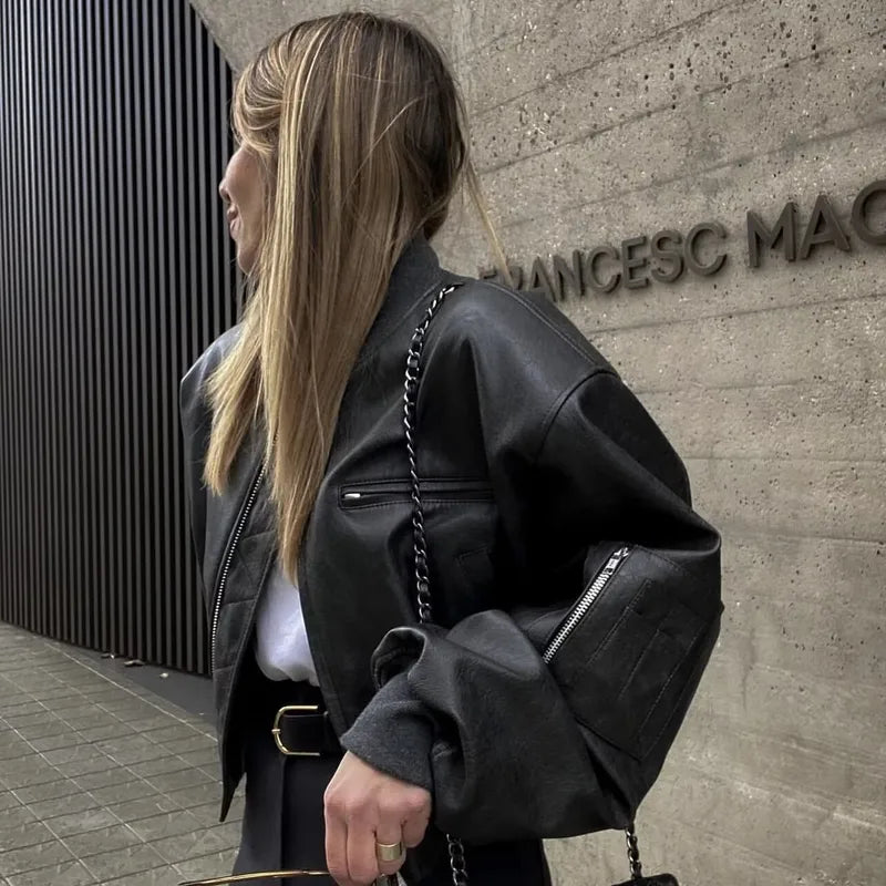 Streetwear Black Faux Leather Bomber (Code-ZX#384)