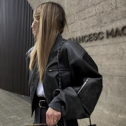 Streetwear Black Faux Leather Bomber (Code-ZX#384)