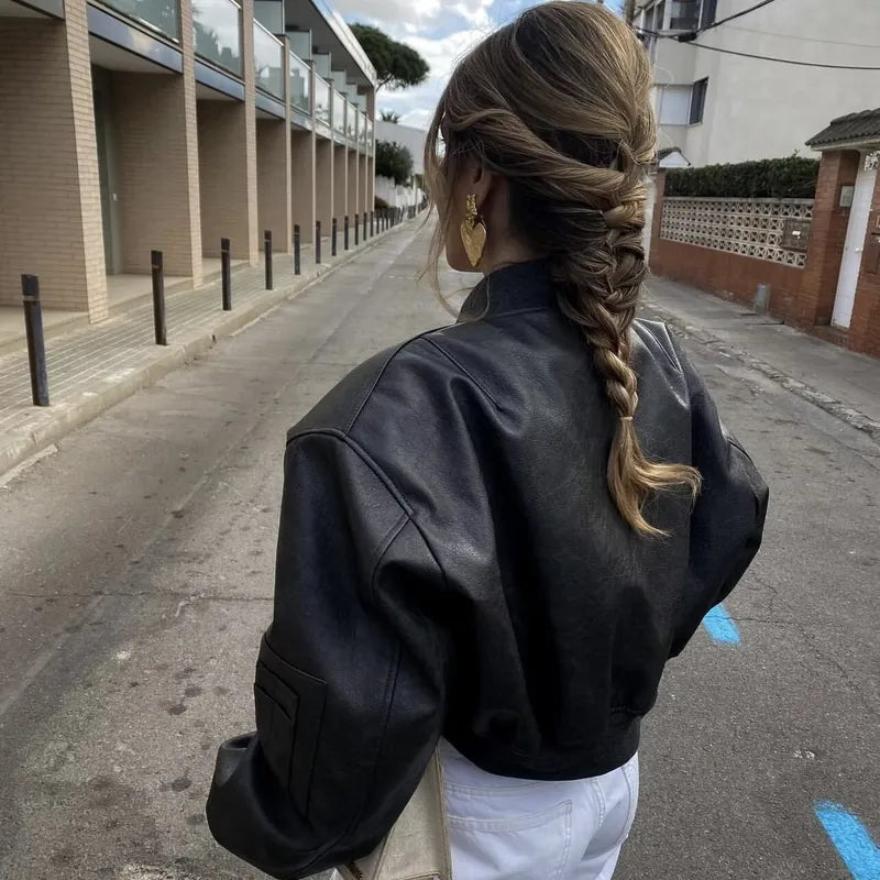 Streetwear Black Faux Leather Bomber (Code-ZX#384)