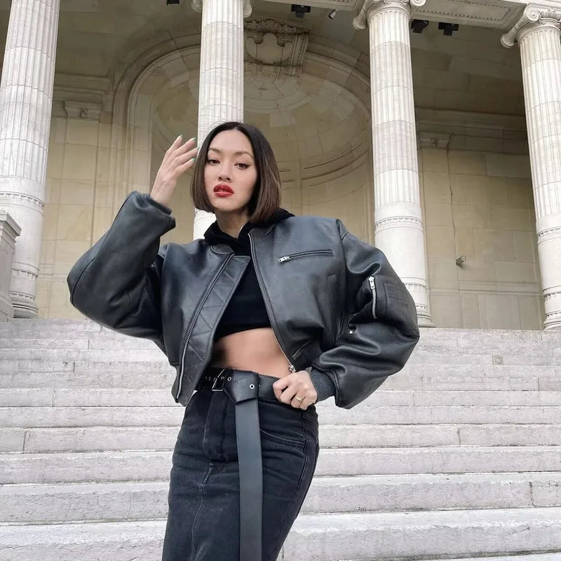 Streetwear Black Faux Leather Bomber (Code-ZX#384)