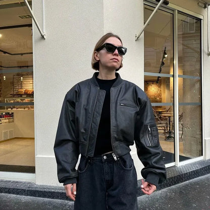 Streetwear Black Faux Leather Bomber (Code-ZX#384)