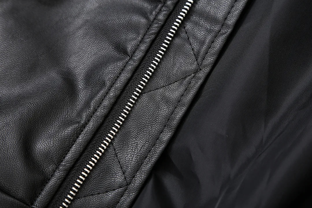 Streetwear Black Faux Leather Bomber (Code-ZX#384)