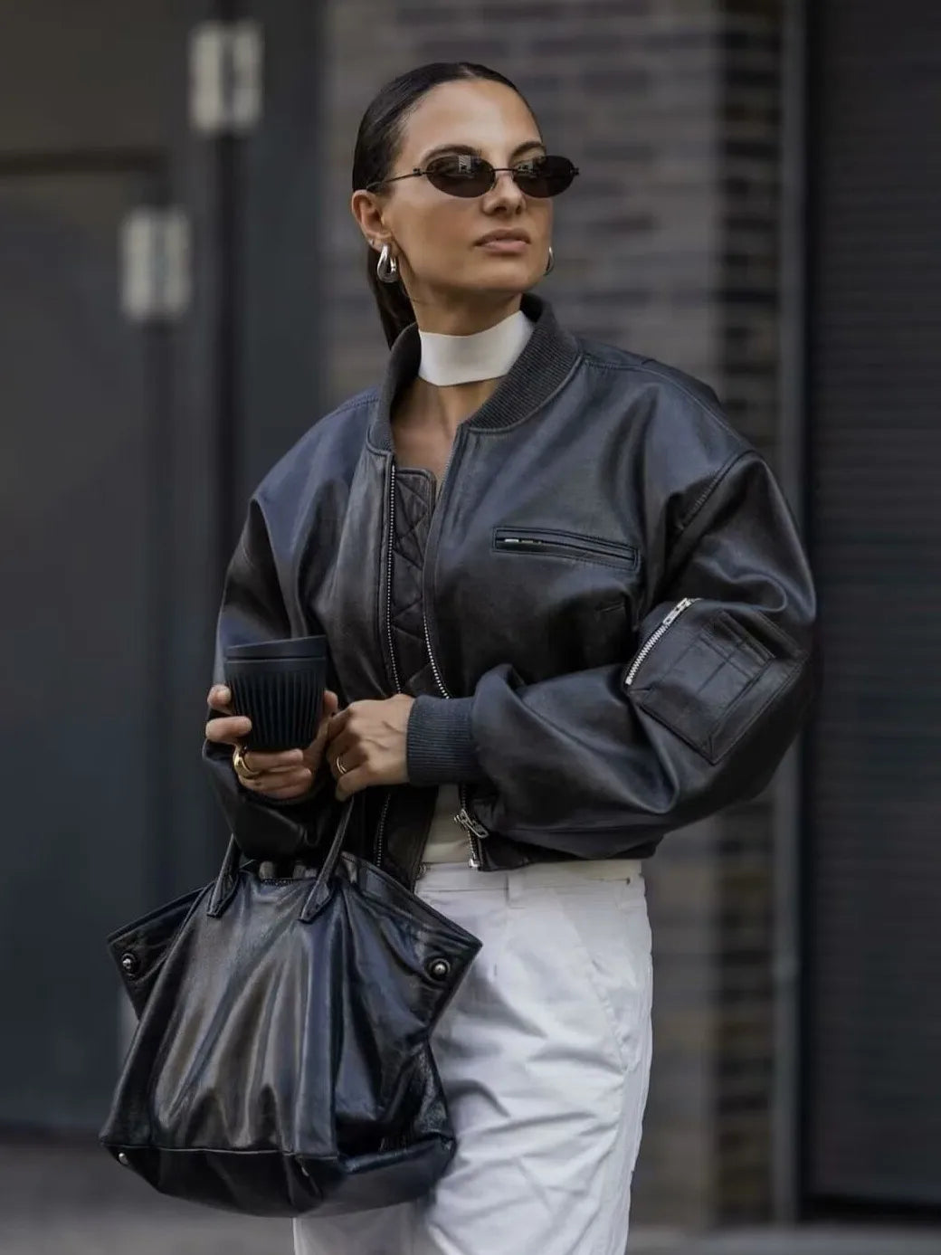 Streetwear Black Faux Leather Bomber (Code-ZX#384)