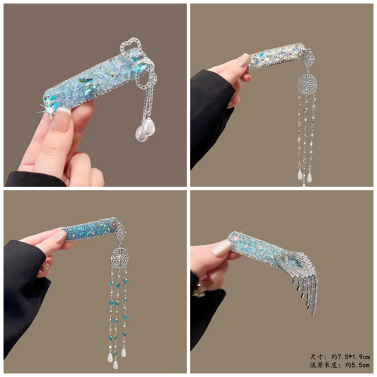 Blue Crystal Tassel Hair Clip (Code-ZX#477)
