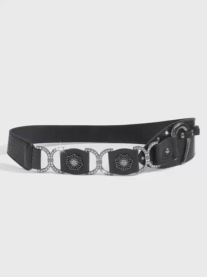 Gothic Bohemian Leather Belt – Black Croc-Embossed Wide Waist Belt with Alloy Buckle & Rhinestone Accents