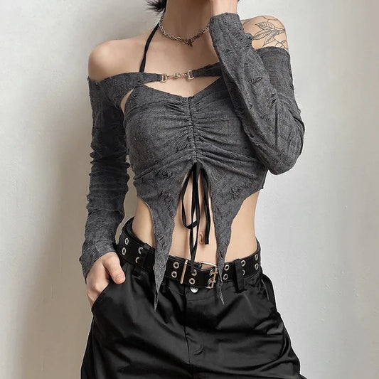 Slim-fit Navel Fashion Pleated Neck T-shirt